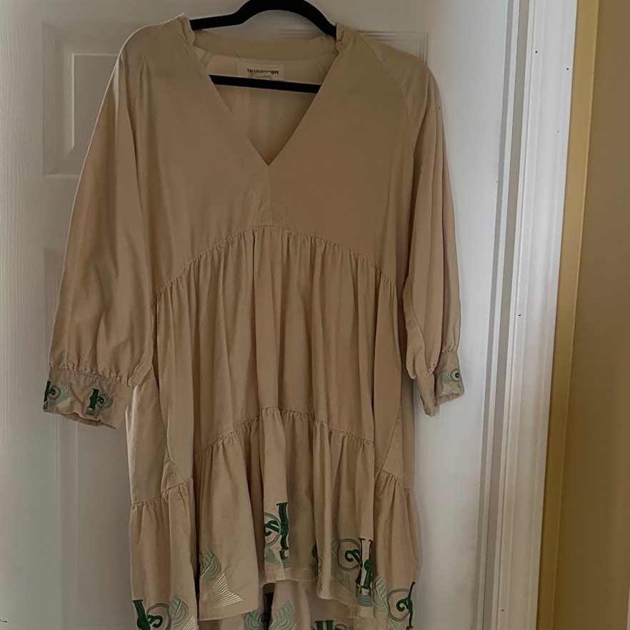 Tallulah & Hope Corduroy Beige V-Neck Dress With Green Embroidery